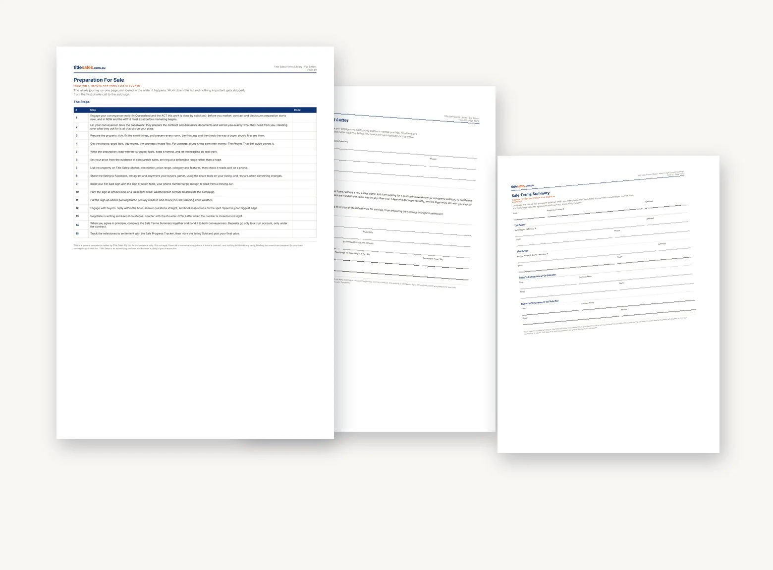 Three Title Sales forms fanned on a desk
