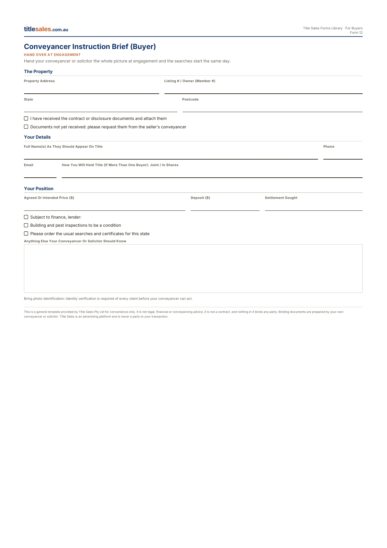 Conveyancer Instruction Brief (Buyer), first sheet