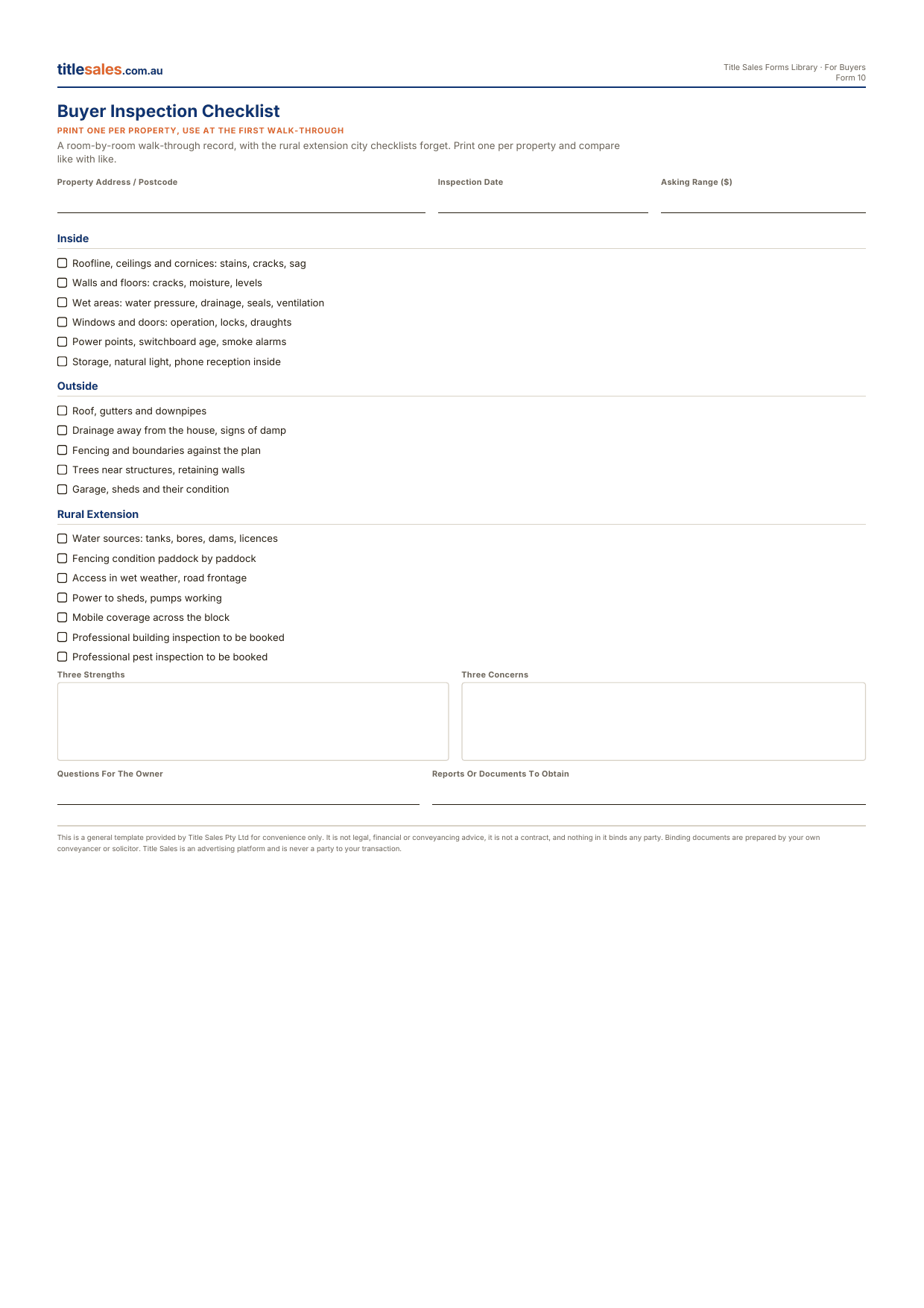 Buyer Inspection Checklist, first sheet