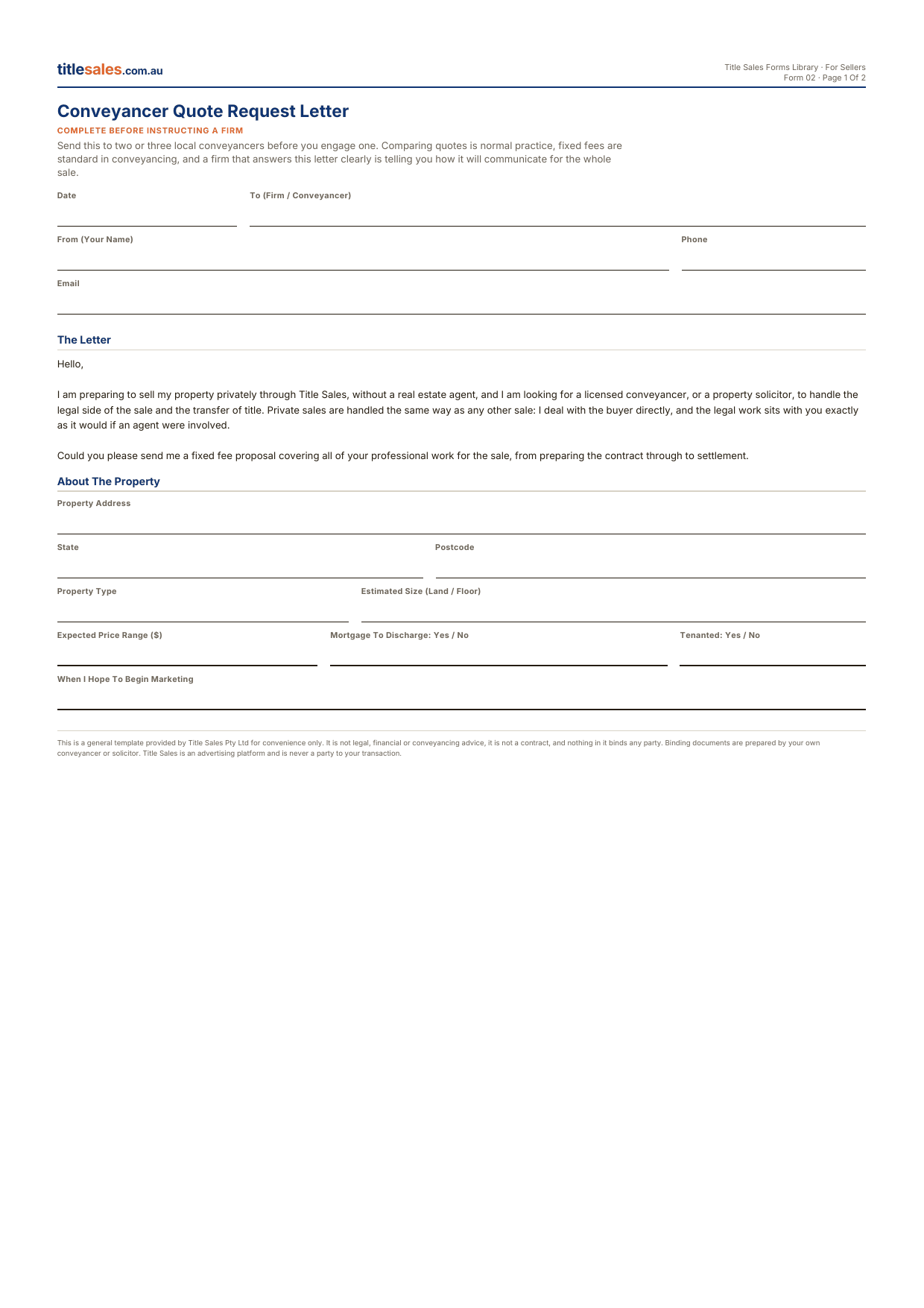 Conveyancer Quote Request Letter, first sheet