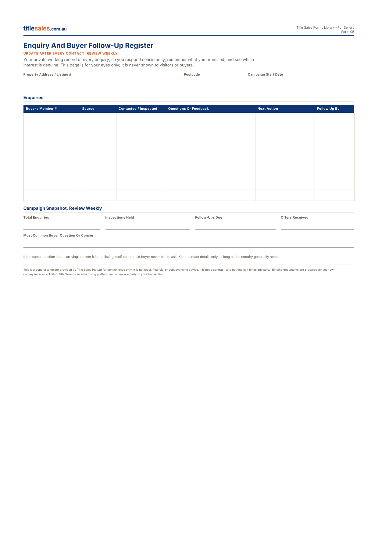Enquiry And Buyer Follow-Up Register, first sheet