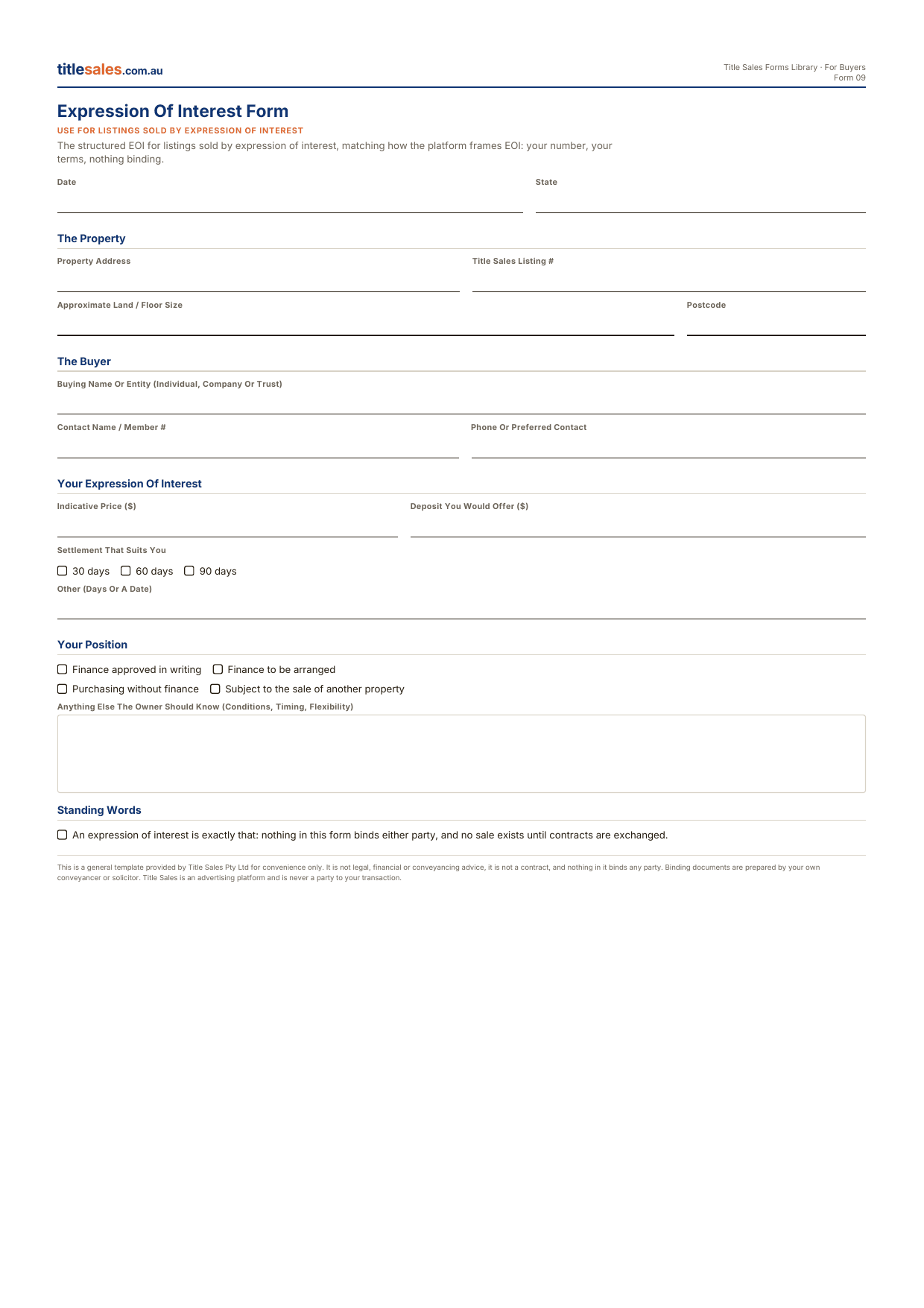 Expression Of Interest Form, first sheet