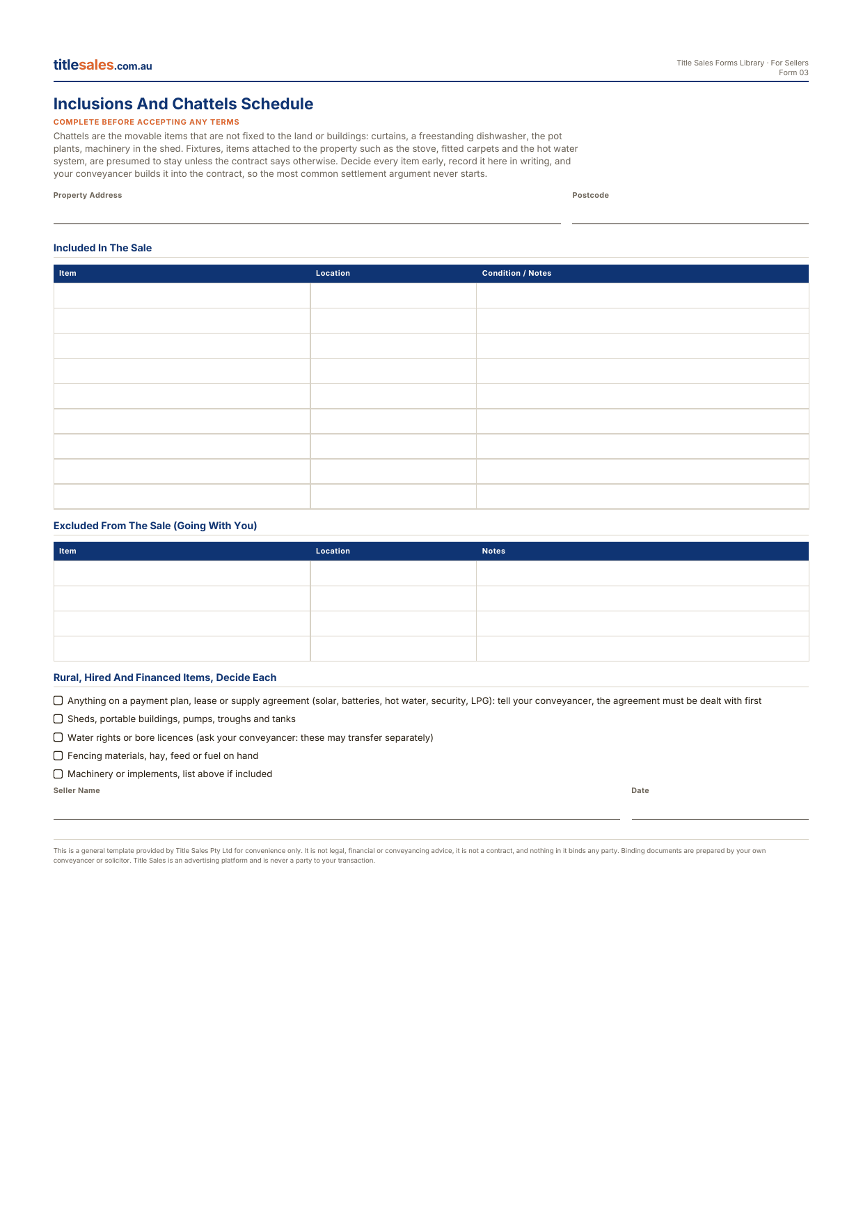 Inclusions And Chattels Schedule, first sheet