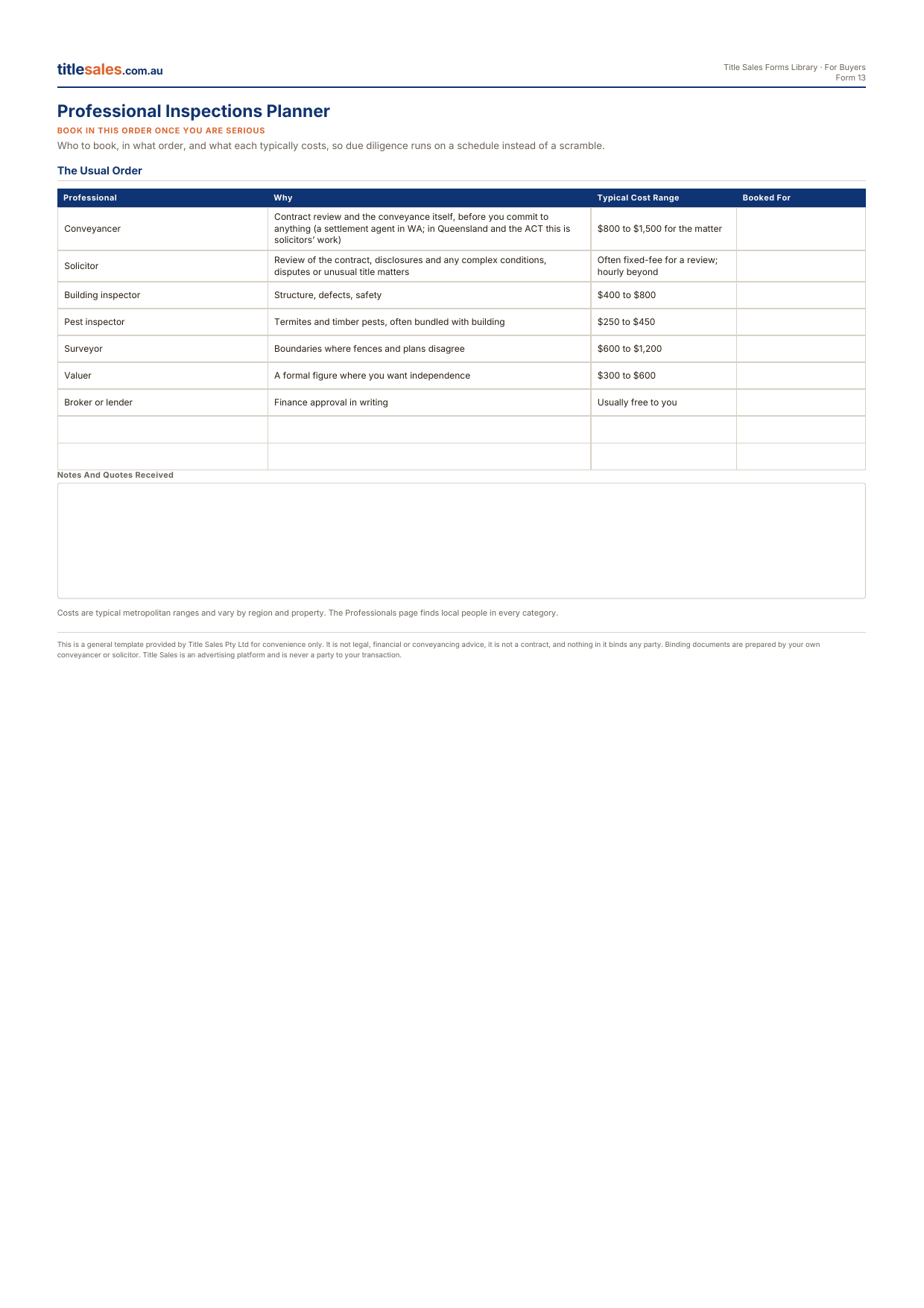 Professional Inspections Planner, first sheet