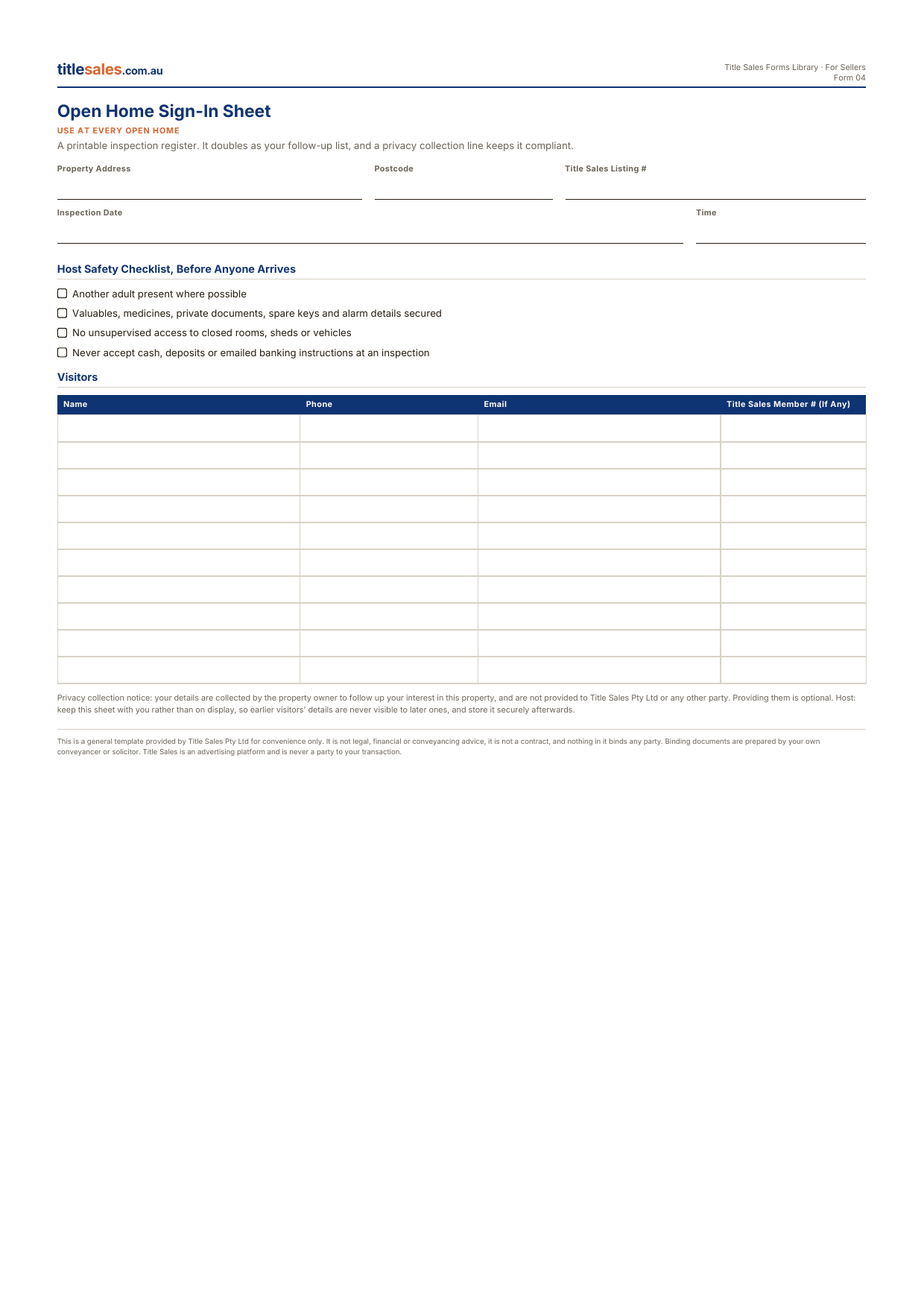 Open Home Sign-In Sheet, first sheet