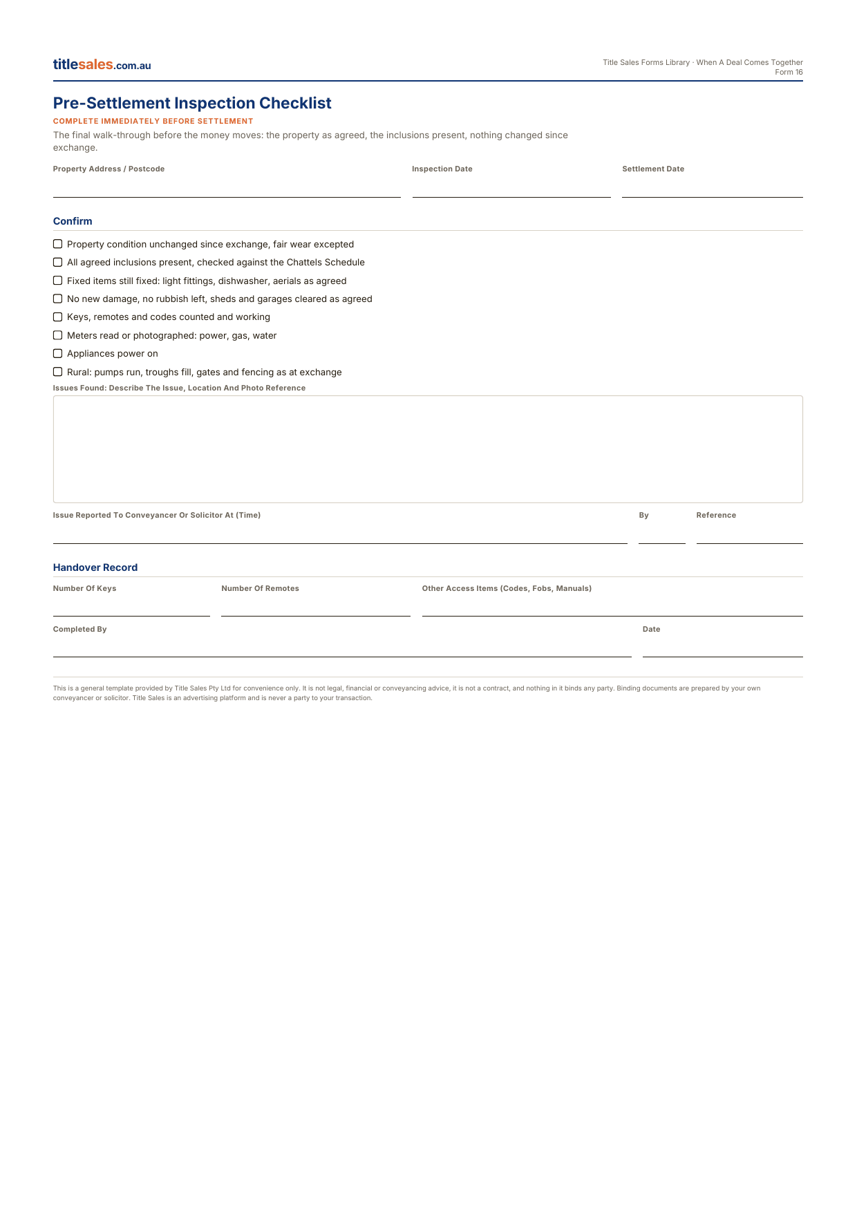 Pre-Settlement Inspection Checklist, first sheet