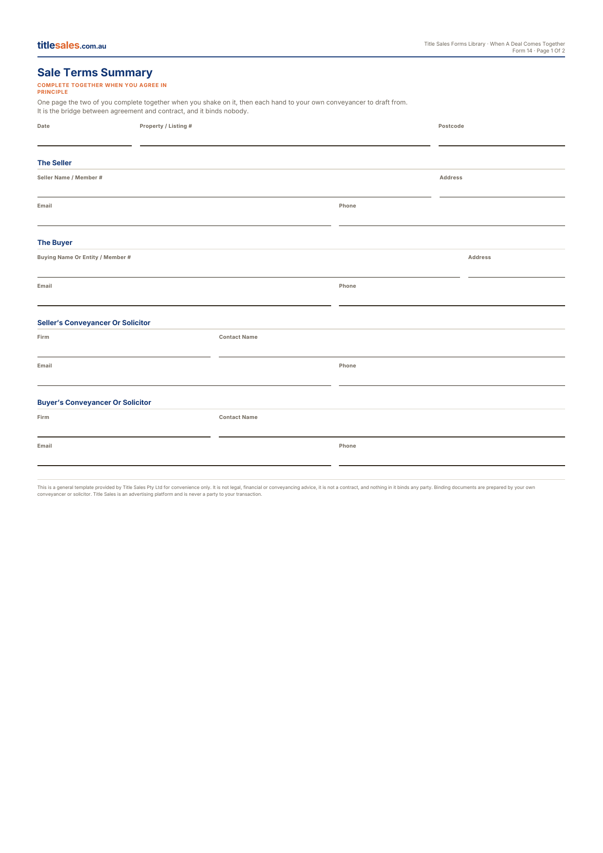 Sale Terms Summary, first sheet