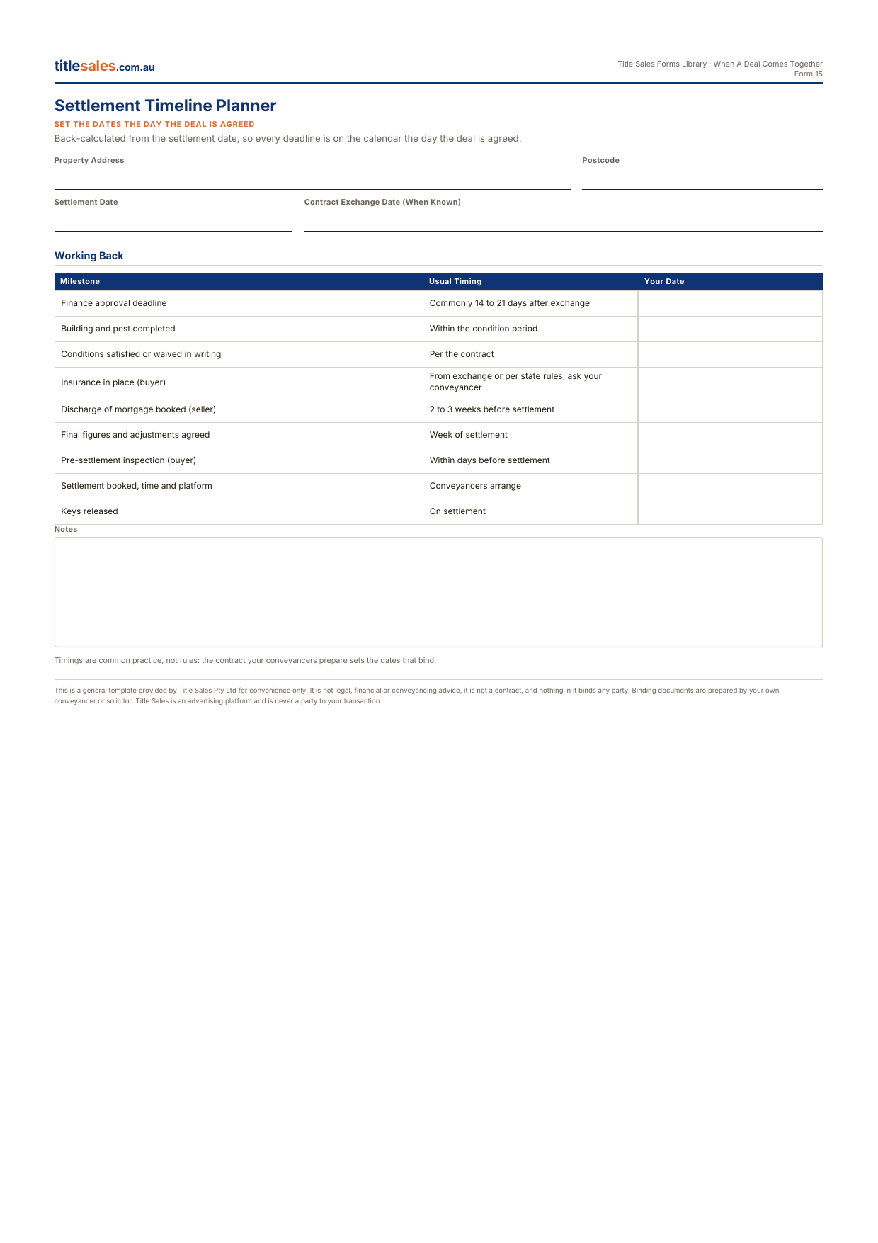 Settlement Timeline Planner, first sheet